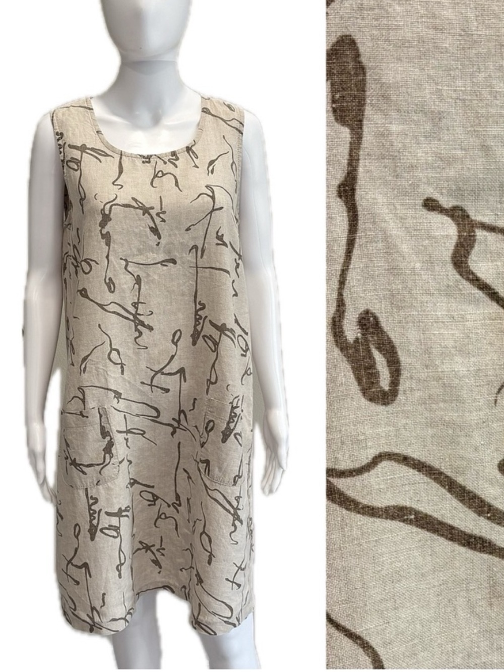 Eva Tralala Linen Asian Printed Sundress Size M, Large Patch Pocket A-Line Dress